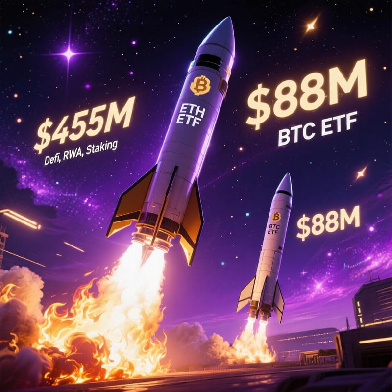 Ethereum ETFs See $455M Inflows — Outpacing Bitcoin 5-to-1 in Historic Shift post image